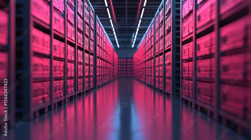 Poster a futuristic data center corridor illuminated by pink and blue neon lights with rows of server racks