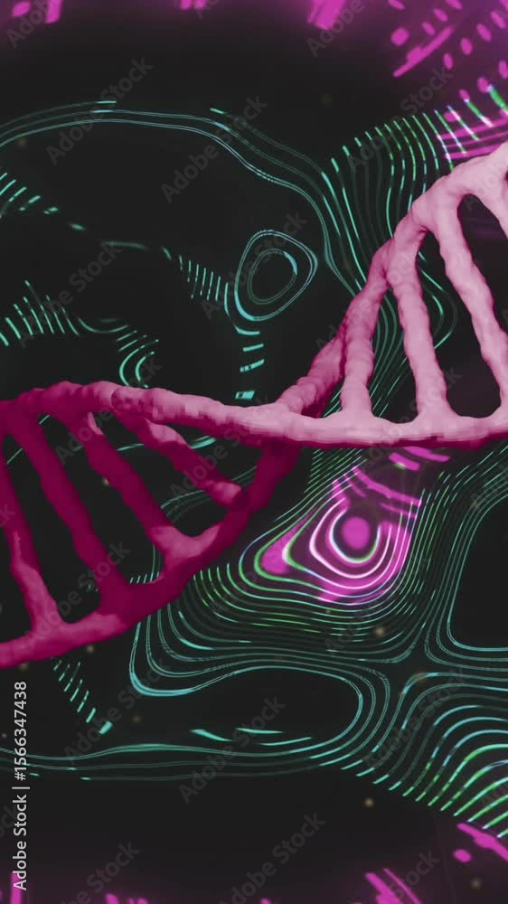 Poster rotating red dna strand over distorting data loading lights