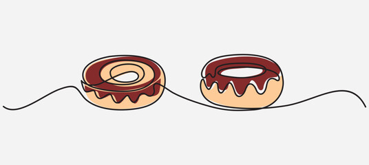 Continuous one line donuts with coffee isolated on white background