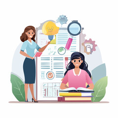 Student and teacher characters using artificial intelligence generative tools for learning,