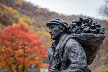 Fototapeta premium A statue of a miner carrying a load of coal stands against a backdrop of vibrant autumn trees, symbolizing hard work and dedication in mining history.