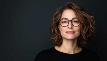Obraz premium A confident woman with wavy brown hair and glasses smiles softly against a dark background.