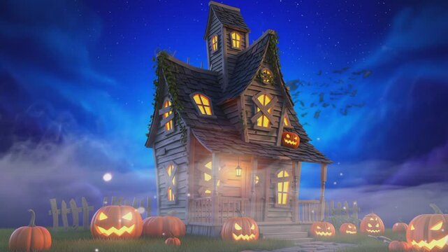 halloween night scene with bat and pumpkins 