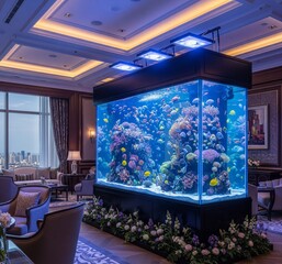 modern living room with aquarium