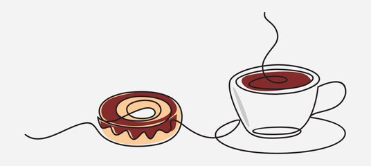 Continuous one line donuts with coffee isolated on white background