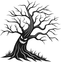 Tribal black dragon or wolf head silhouette logo design with tree and roots vector illustration for tattoo art