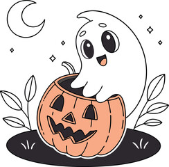 A cute, funny, and happy Halloween pumpkin cartoon character with a monster face illustration