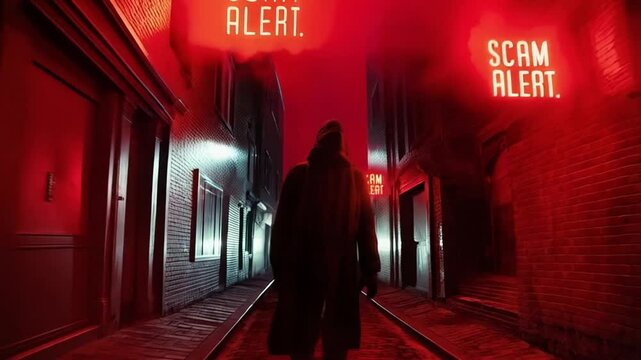 Hooded stranger walks alley lit by scam alert warnings