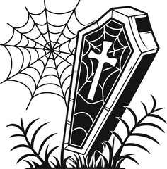 Black and white vector illustration of a spider and web with a vintage art design pattern
