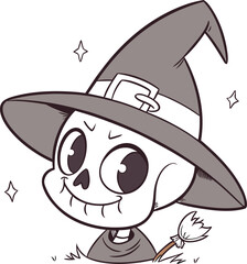 Funny black and white cartoon dog illustration with a cute, smiling pet head drawing