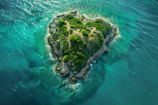 Aerial view of a small, lush green island surrounded by clear turquoise water, creating a picturesque and tranquil scene - Powered by Adobe