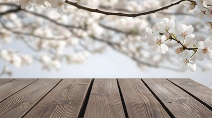 Wooden Table Spring Blossom Background, Cherry Flowers