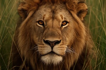 Naklejka premium A majestic lion gazes into the heart of the wild, its piercing eyes reflecting a world untamed