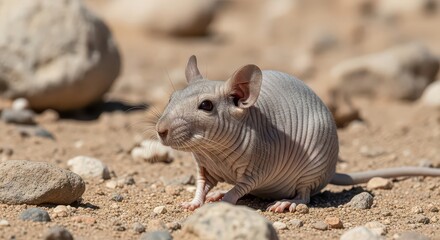 A hairless rat with wrinkled skin sits on a sandy surface surrounded by small rocks, ideal for educational or scientific materials.