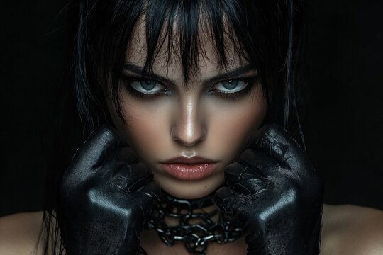 Close-up portrait of dominant woman with intense expression, wearing leather gloves and metal chain, holding fists near face