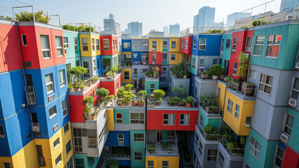 Vibrant Colorful Apartment Complex with Courtyard Garden and Urban Skyline in Background