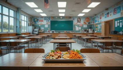 Photo-realistic idea of a school cafeteria with lunch tray  An imaginative school cafeteria with a lunch tray against a surreal backdrop, providing plenty of room for text or images that represent the