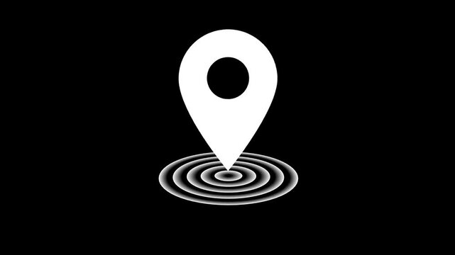 Looping animation GAPS location pointer animated Location tracker pin pointer with radio waves. Target place, fix place, location pointer icon. on the black background.