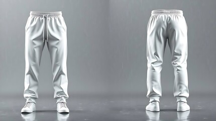 Blank white sweatpants mockup in front and side views, isolated on gray background, high-resolution 3D render for fashion design, apparel branding, or product presentation