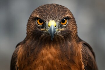 The majestic brown hawk stands resolute against a monochrome backdrop