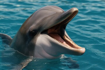 A dolphin's joyful expression captured in the serene waters of the ocean
