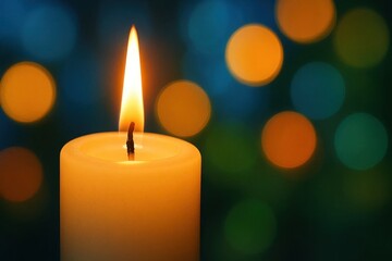 A solitary candle burns brightly amidst a soft bokeh of colors, casting an ethereal glow on the surrounding darkness