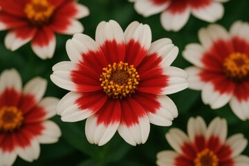 Obraz premium A Close-Up of Red and White Daisies in Full Bloom on a Lush Green Background