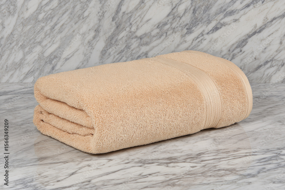 Aufkleber folded warm beige towel with subtle curves placed on marble surface, creating soft and cozy atmosphe