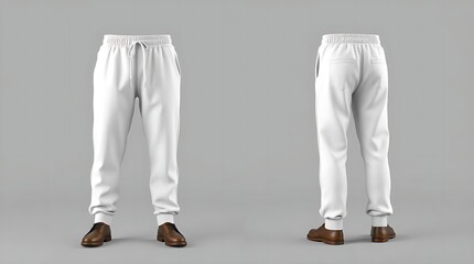 Blank white sweatpants mockup in front and side views, isolated on gray background, high-resolution 3D render for fashion design, apparel branding, or product presentation