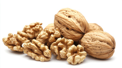 A close-up of whole and cracked walnuts, revealing their intricate textures and healthy kernels, isolated on white.