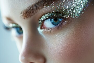 Fototapeta premium Close-up of a woman's face showcasing golden glitter makeup and captivating blue eyes