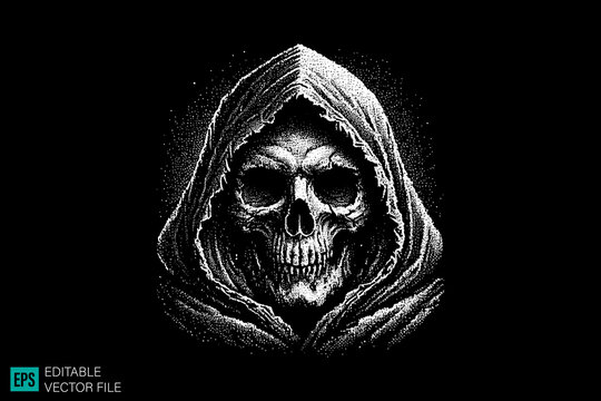 grim reaper head skull dark art scary creepy style tattoo illustration vector black and white background templates