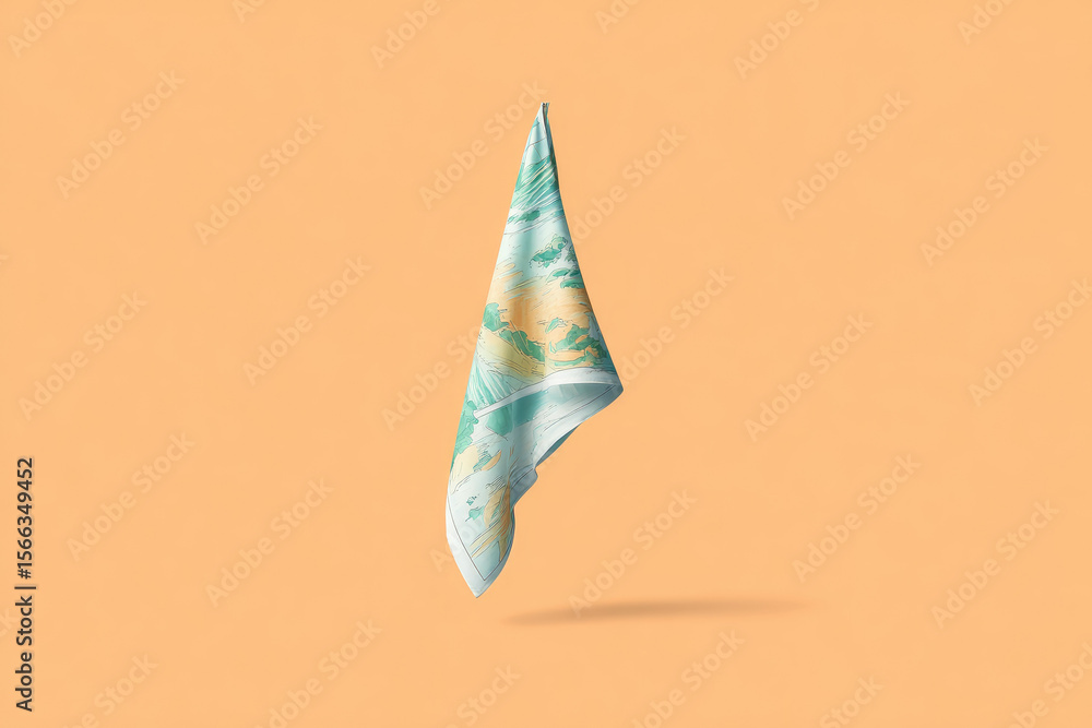 Poster pastel handkerchief with imperfect corner fold, serene and minimal style, floating on soft peach bac