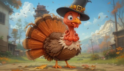 Cute cartoon turkey wearing a pilgrim's hat