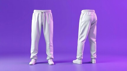 Blank white sweatpants mockup in front and side views, isolated on gray background, high-resolution 3D render for fashion design, apparel branding, or product presentation