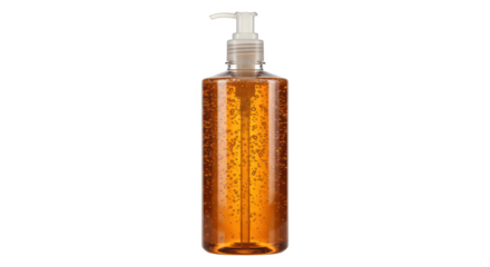 Clear Plastic Pump Bottle Filled With Amber Gel Liquid And Small Bubbles