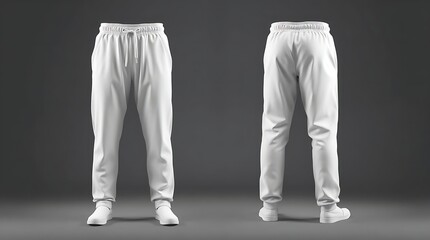 Blank white sweatpants mockup in front and side views, isolated on gray background, high-resolution 3D render for fashion design, apparel branding, or product presentation