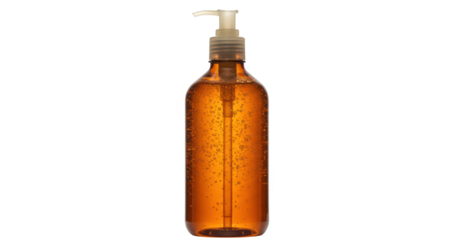 Amber Pump Bottle with Clear Dispenser Filled with Translucent Gel Containing Glittery Particles
