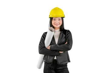 Confident Asian female engineer holding blueprint with safety helmet on white background