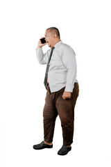 Angry overweight businessman yelling on phone call while standing isolated on white background