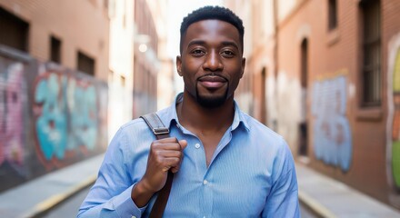A smiling man with a bag stands in an urban alleyway with graffiti-covered walls, creating a stylish and relaxed atmosphere for travel, business, or everyday use.