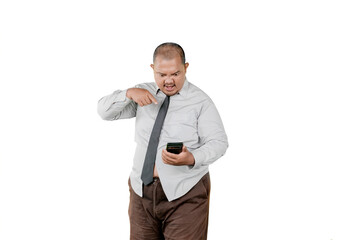 Angry Overweight Businessman Pointing at Smartphone While Arguing