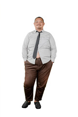 Casual Overweight Businessman Standing with Hands in Pockets and Smiling