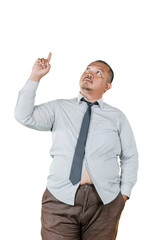Overweight Businessman Pointing Up and Looking Upward with Curious Expression