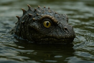 Fototapeta premium A serene moment captured as a mysterious reptilian creature gazes into the depths of a tranquil pond, its scales shimmering in the soft light