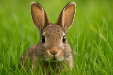 Fototapeta premium Peeking through the verdant embrace of spring, a curious rabbit gazes directly into the camera lens