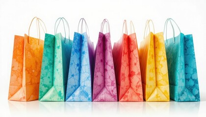 Bright shopping bags with a variety of watercolor designs hanging in a row are perfect for retail or marketing themes.