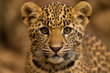 Fototapeta premium A young leopard gazes into the lens with an inquisitive expression