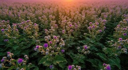 A field of burdock plants with purple flowers stretches to the horizon under a warm sunset, creating a scenic view for nature photography.