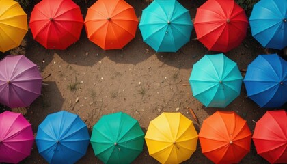 Aerial image of multicolored umbrellas on dry ground with lots of room for overlaying text or graphics in a lively outdoor environment